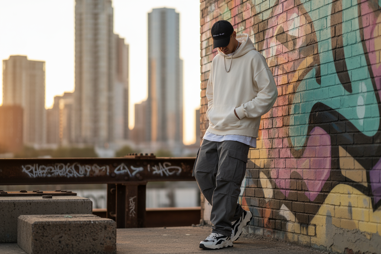donne moi un image d'un mec habiller de façon streetwear stylé avec un fond urbain un peu comme si c'était un shooting photo
